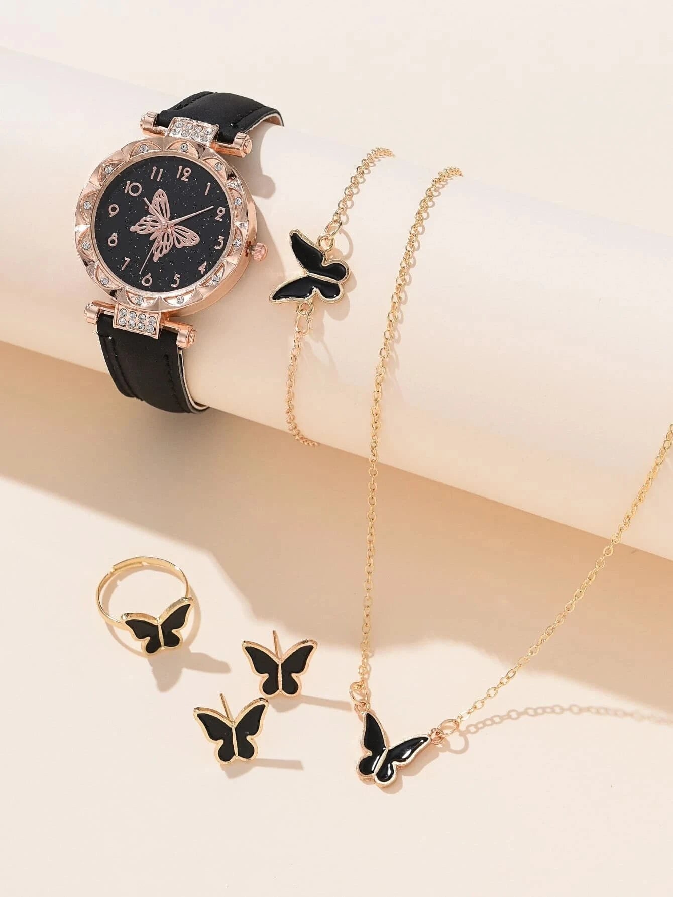 Casual fashion big black butterfly ladies quartz watch and alloy butterfly set every day dress gift Qme