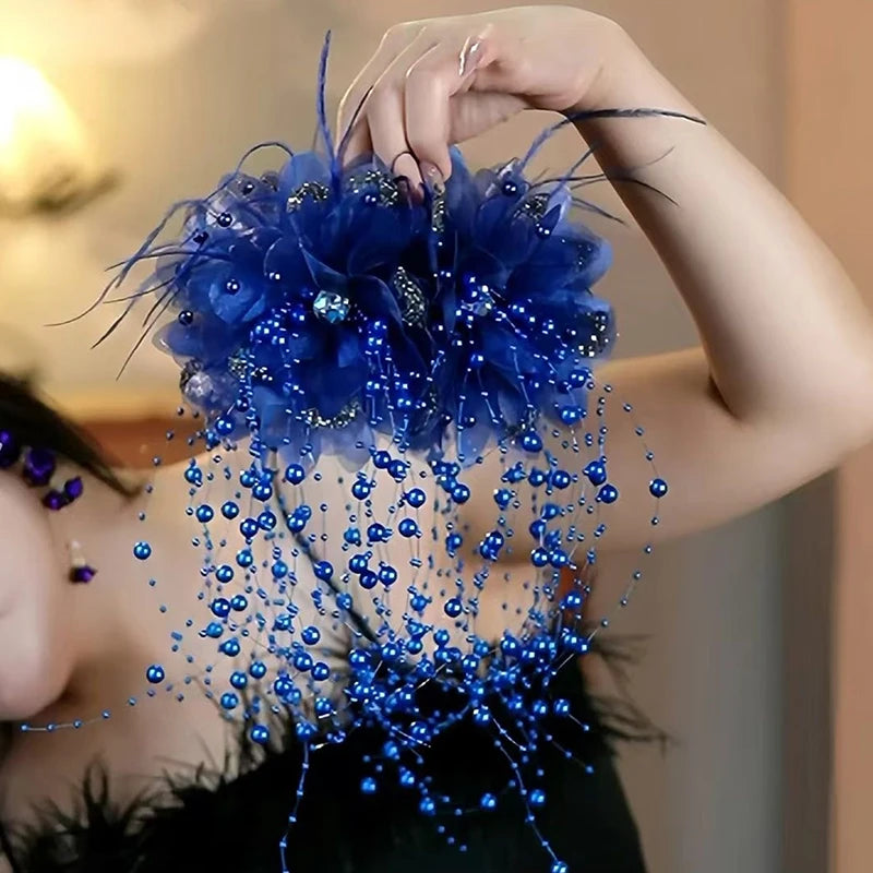 New Women's Luxury Mesh Flower Pearl Tassel Hair Clips Spring Festival Decoration Women's Fluffy Shark Hair Accessories. Qme