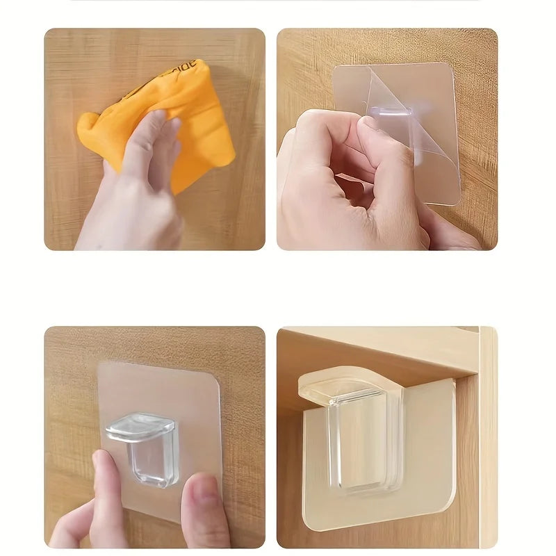4-Pack No-Drill Cabinet Shelves with Strong Adhesive, Support Hooks Qme