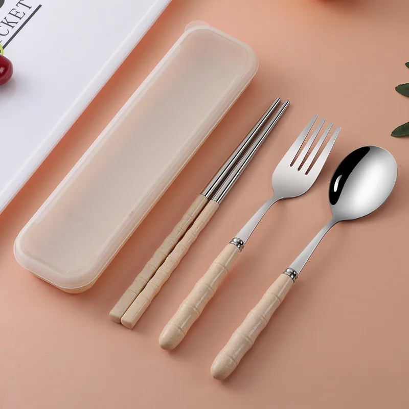 Portable Wheat Straw Cutlery Stainless Steel Spoon Fork Chopsticks Qme beige