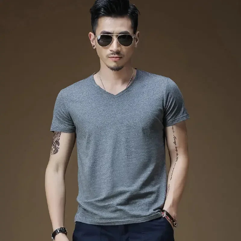 Plain Cotton Gym T-shirt Men Summer Fitness Clothing V-Neck Short Sleeve T Shirt Summer Comfortable Breathable Versatile Top Qme SH M