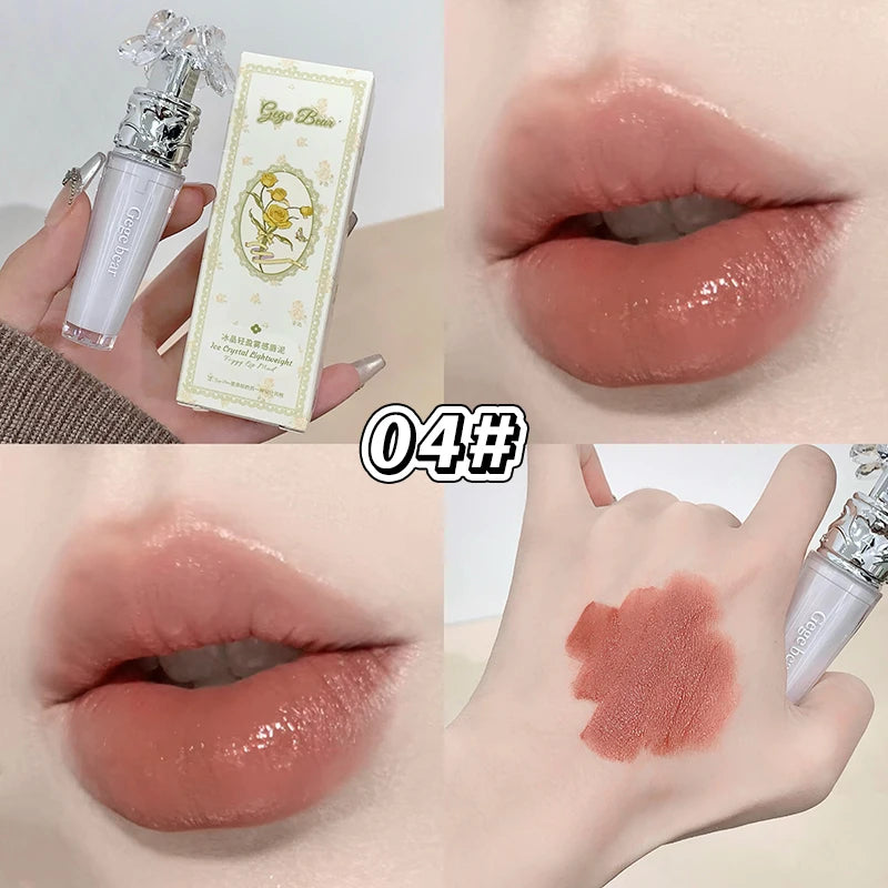 Transparent Crystal Flower Liquid Lipstick Cream Water Matte Grey Pink Lip Glaze Mud Waterproof Nude Almond Brown Tint Makeup Qme 04