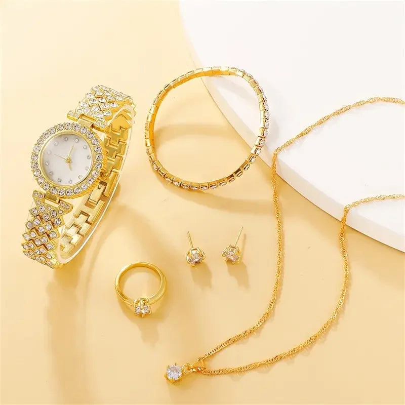 20266PCS Set Luxury Watch Women Ring Necklace Earring Rhinestone Fashion Wristwatch Casual Ladies Watches Bracelet Set Clock Qme