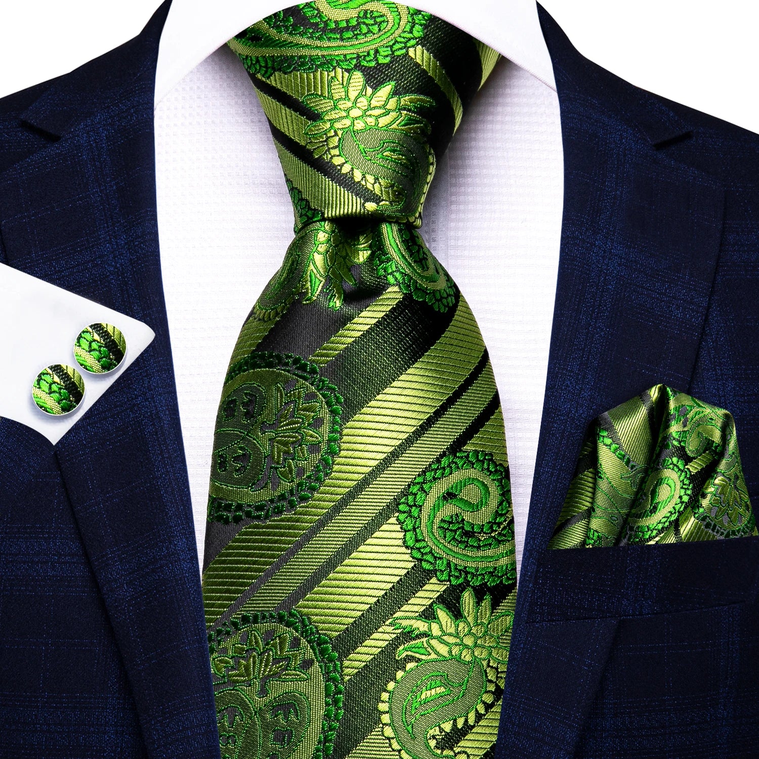 Hi-tie Paisley Dark Green Black Mens Elegant Necktie Handkerchief Qme N-3807