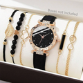 Conjunto de relógio de pulso analógico de couro feminino, pulseira de quartzo feminino, moda feminina, 6pcs Qme Boxes not included