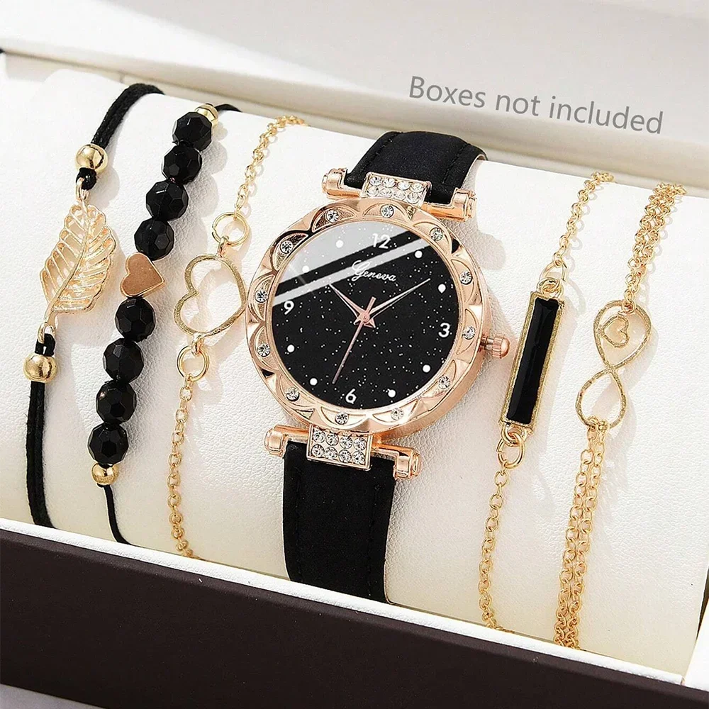Conjunto de relógio de pulso analógico de couro feminino, pulseira de quartzo feminino, moda feminina, 6pcs Qme Boxes not included