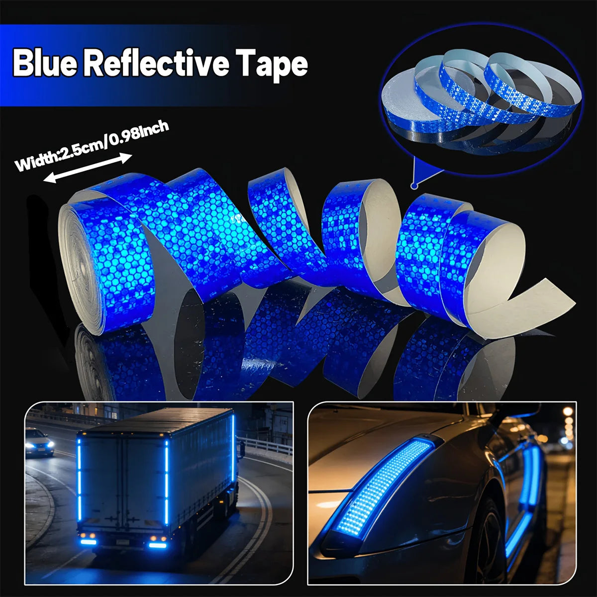 Reflective Car Stickers Outdoor Waterproof Warning Tapes White Red Fluorescent Yellow Reflectors Safety Strip Qme Blue 2.5cmX1M