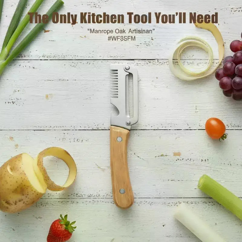 Multi-Functional Kitchen Vegetable Peeler - Stainless Steel with Natural Wooden Handle & Integrated Bottle Opener Tool Qme
