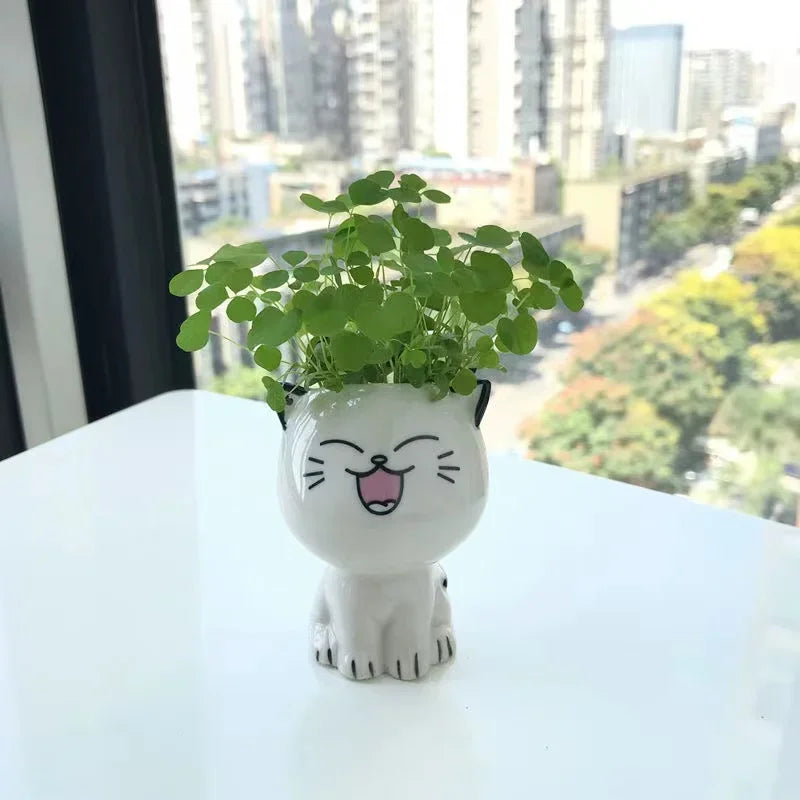 1pc Mini Cat Shaped Ceramic Flower Pot Cute Cartoon Desktop Potted Plant Pot DIY Home Desk Decor Nursery Pot School Gifts Qme C