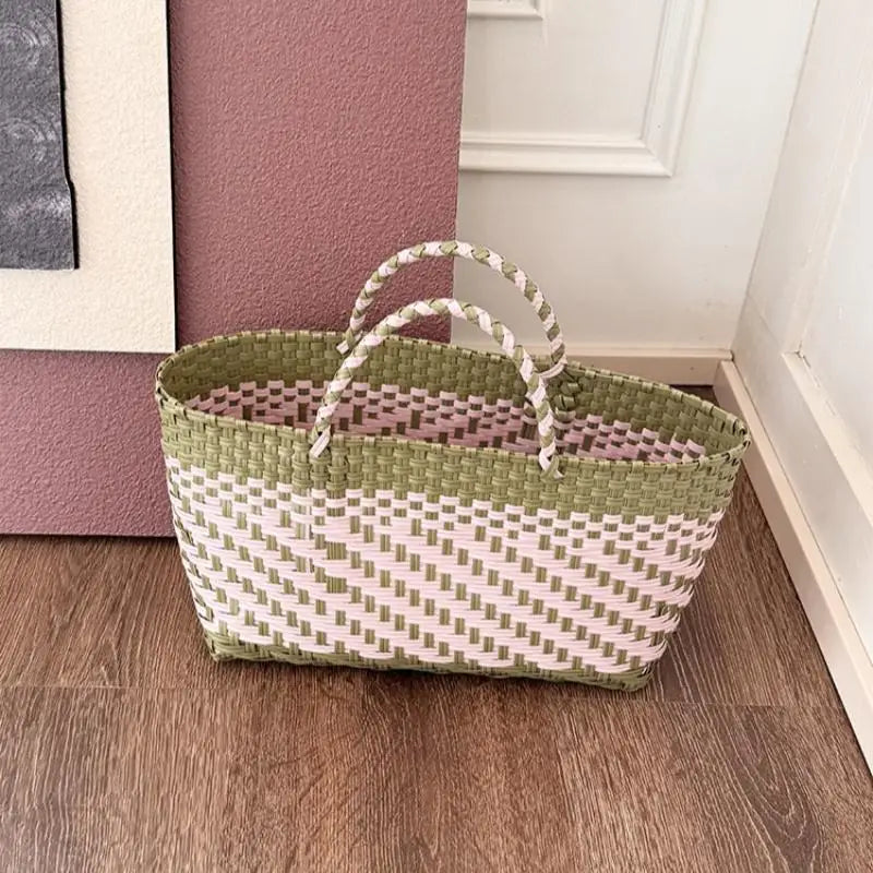 Cute PVC Handbag Weave Bag Large Capacity Bohemian Beach Tote Bag Vacation Style Countryside Holiday Style Vegetable Basket Bag Qme A