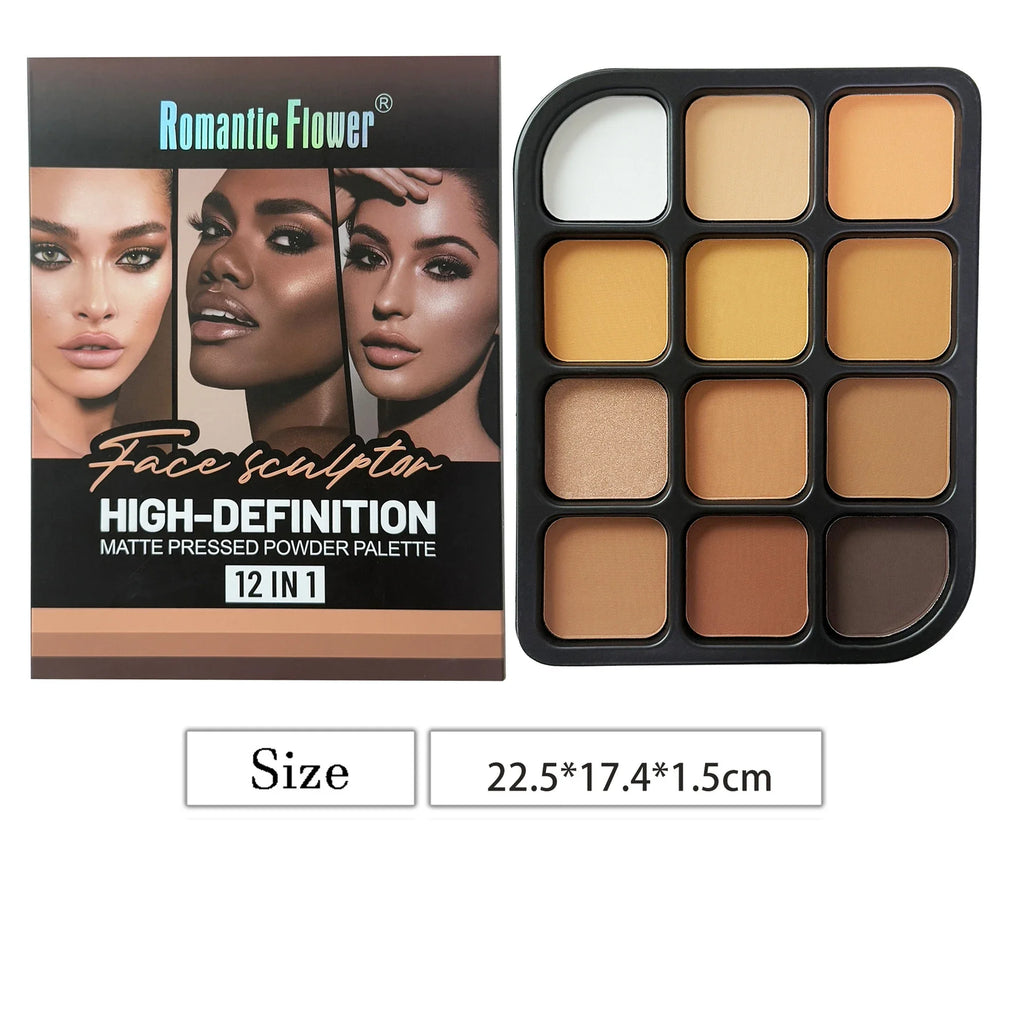 Deep Skin 12-Color Matte Contour Palette - Full Coverage All-In-One Highlighter Shading & Powder Face Makeup Kit Qme