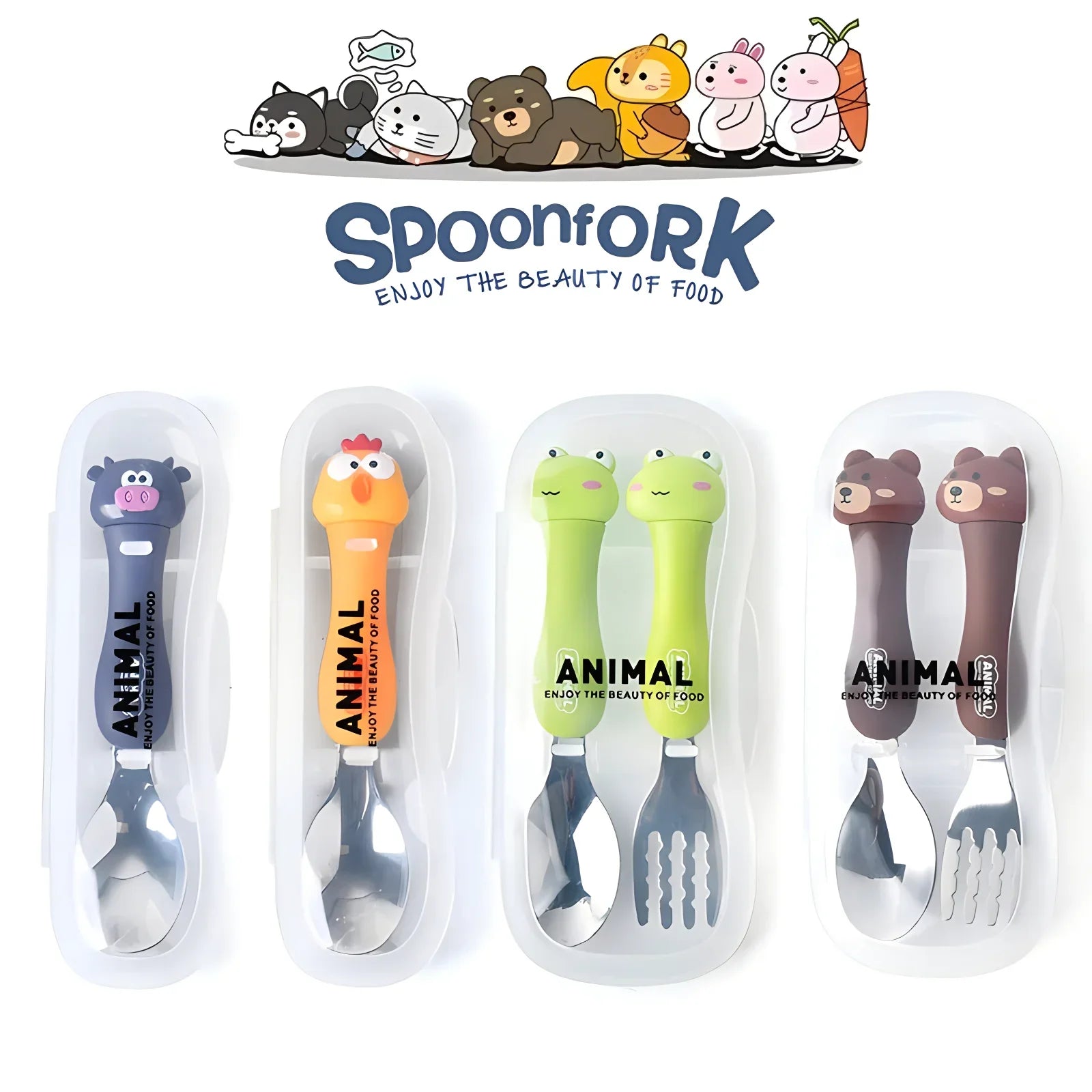 Cartoon Animal Kids Spoon and Fork Set Dessert Spoon for Children Fork Baby Tableware Gadgets Children's Cutlery Kids Favours Qme