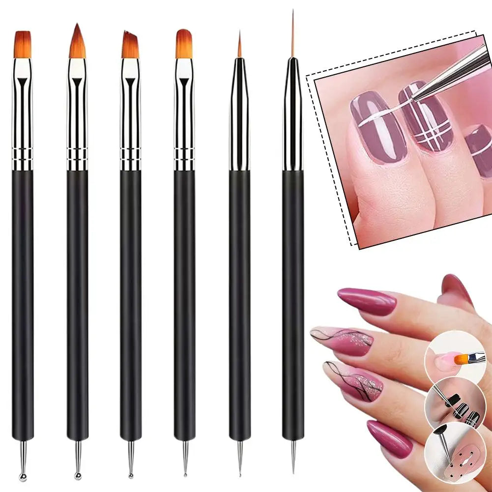 6Pcs Black Multi-Function Nail Art Brushes Set Dotting Line Flat Round Head For DIY Professional Gel Nail Polish Manicure Tools Qme