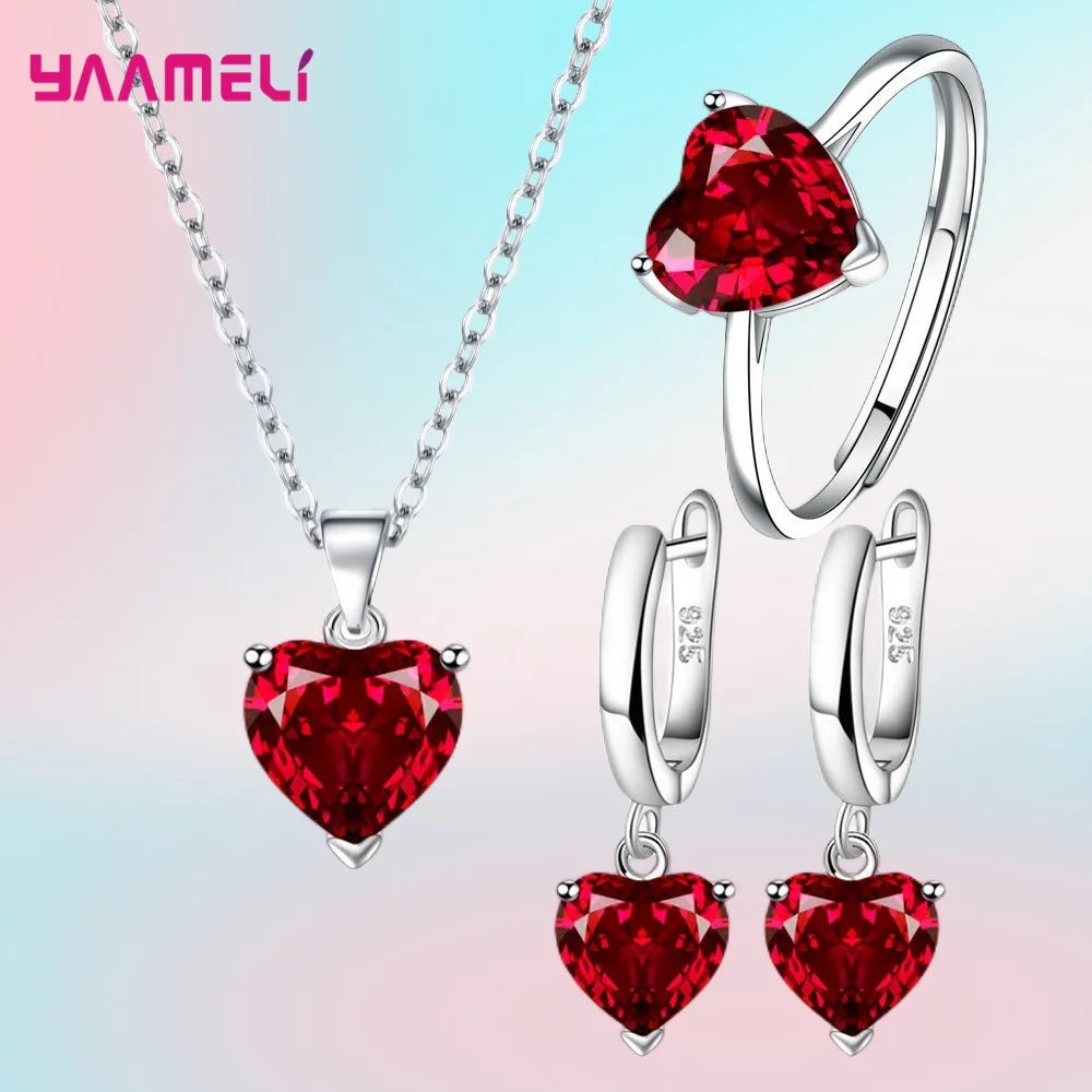 Fine 925 Sterling Silver Color Jewelry Gift Sets for Women Female Romantic Heart Zircon Huggie Earrings Pendant Necklace Ring Qme Red