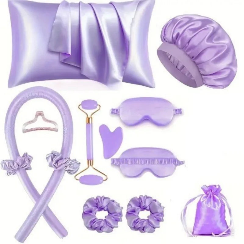 No Heat Curling Wand Set Lazy Summer Cool Silky Curls Kit with Shower Cap Eye Mask Easy Styling Hair Tool for Women Qme 12pcs purple