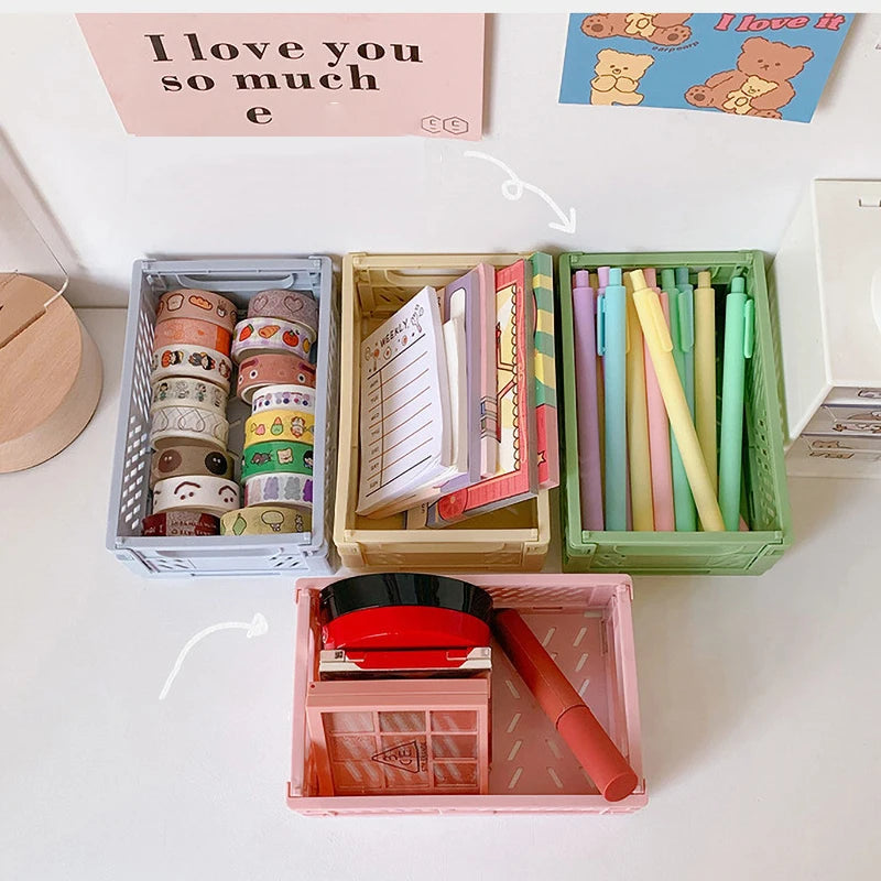 1 Pc Mini Foldable Desk Organizer Box Plastic Space-Saving Design Stationery Storage Basket for Tidy Student Workspaces Qme