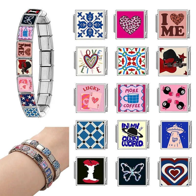 Fashion Red Apple Butterfly Black Blue Charm Bracelet Fit 9mm Bracelet Stainless Steel Italian Links Making DIYJewelry Wholesale Qme