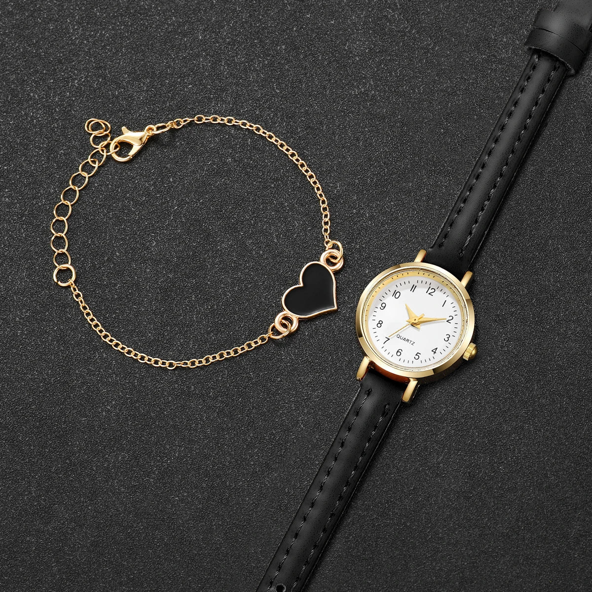 Hot Sale 2Pcs Gold Women's Watch & Bracelet Set, White Dial Watch with Black Strap + Black Heart Bracelet, Elegant Style Qme