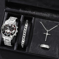 4Pcs Cross Men Watch Jewelry Set Silver Stainless Steel Chronograph Wristwatch Cuban Bracelet Cross Necklace Ring Gift For Him Qme Silver