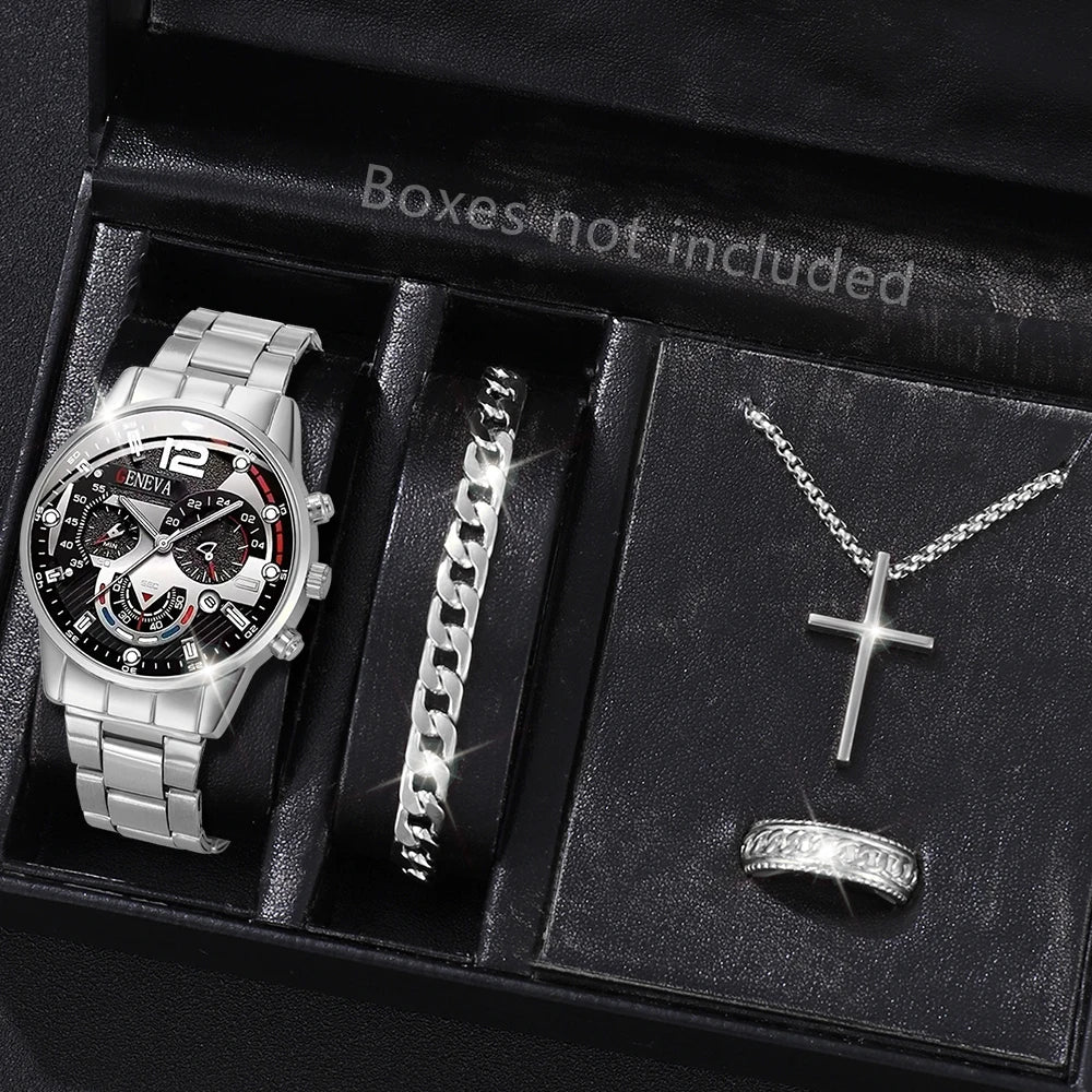 4Pcs Cross Men Watch Jewelry Set Silver Stainless Steel Chronograph Wristwatch Cuban Bracelet Cross Necklace Ring Gift For Him Qme Silver