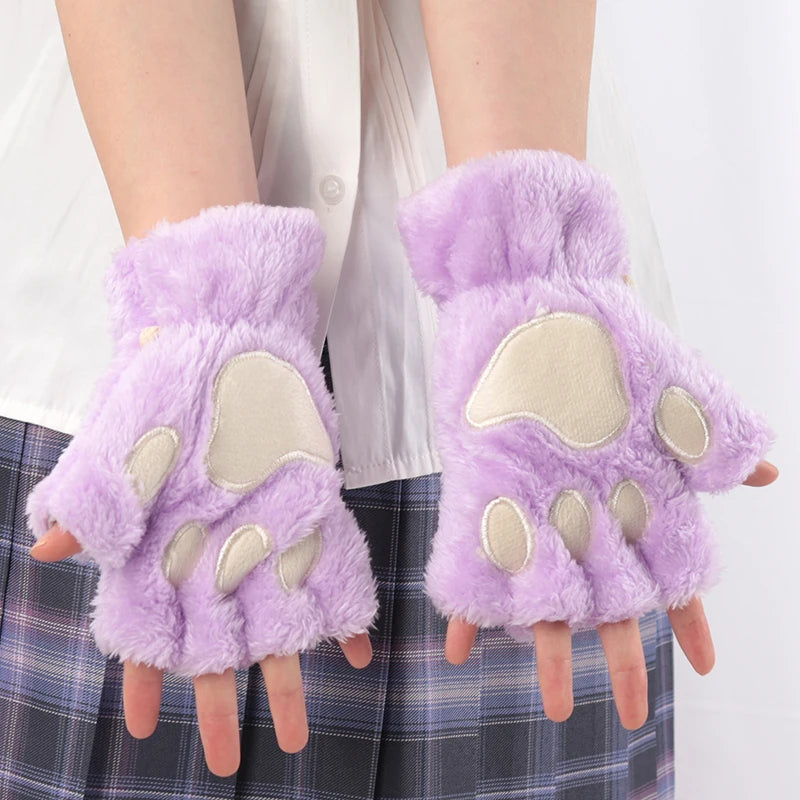 Women Cartoon Cat Claw Gloves Thickened Plush Lovely Bear Paw Exposed Qme