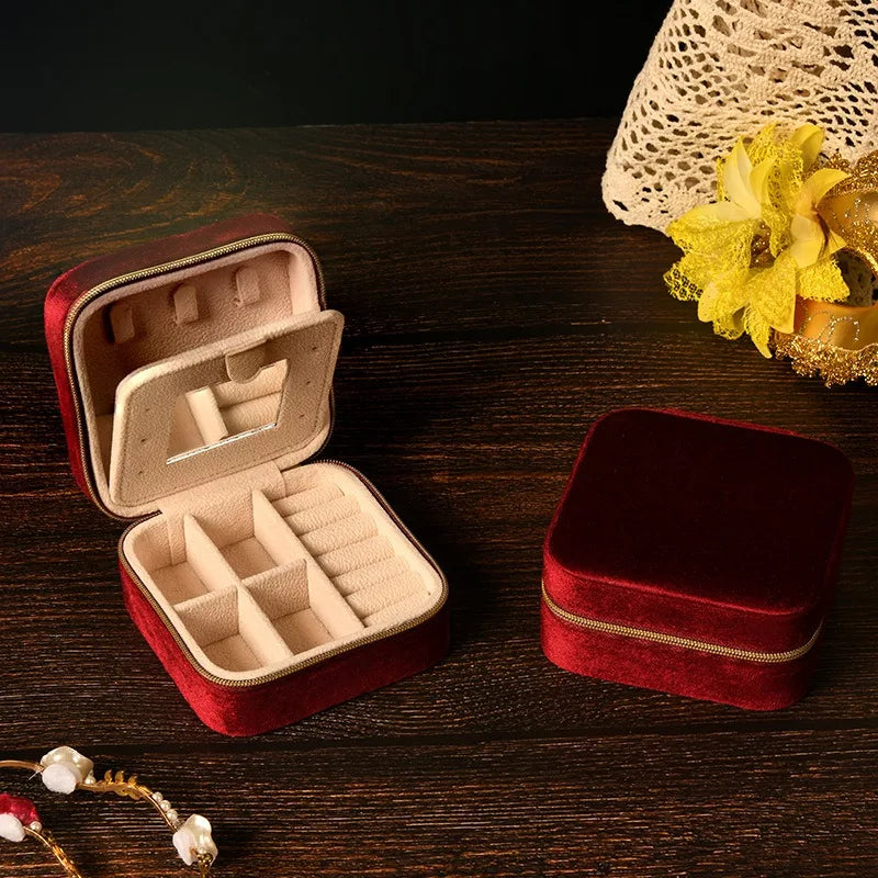 Velvet Jewelry Box For Women and Girls Necklace Ring Earrings Travel Portable Zipper Square Jewelry Storage Case with Mirror Qme Wine Red