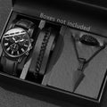 4Pcs Spear Arrow Men Watch Jewelry Set Black Leather Chronograph Wristwatch Cuban Leather Bracelet Arrow Necklace Ring Gift For Qme black