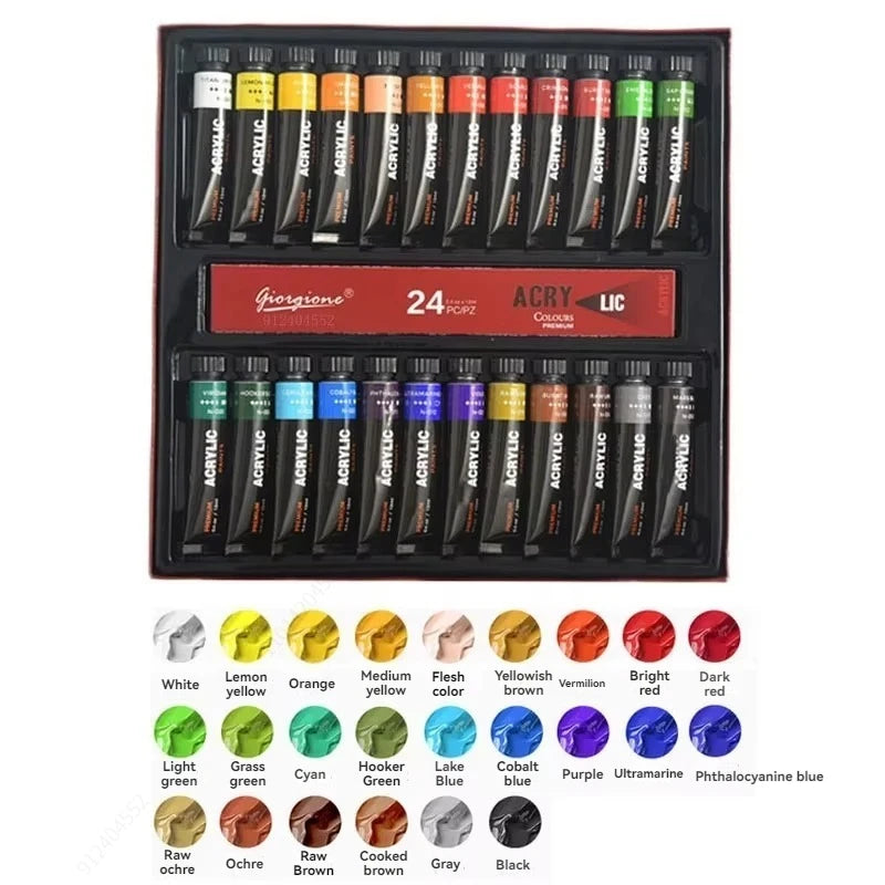 Acrylic Paint Set 12/24/30 Colours 12ml, Perfect for Canvas, Wood, Fabric, Leather, Cardboard, Paper, MDF And Crafts Qme 24 colors