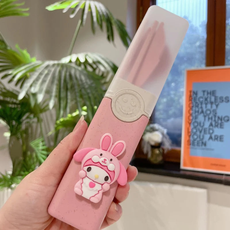 Hello Kitty Kuromi Portable Cutlery Set—Cartoon-Themed Set for Home and Travel, Includes Foldable Chopsticks, Spoon, and Fork Qme
