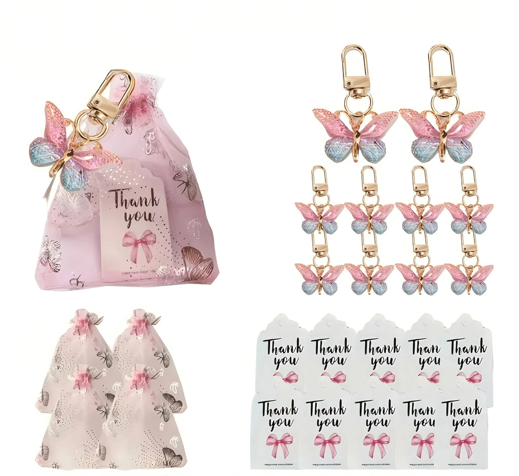 36pcs/12set, Butterfly Keychain Gift Set, 12pcs Acrylic Purple Keychains, 12pcs Brown Cards and 12pcs Organza Drawstring Bags Qme 36pcs
