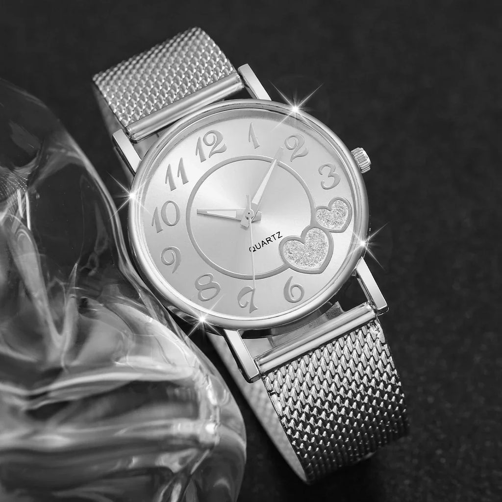 Simple Silver Tone Ladies Watch Set Mesh Metal Strap Matching Solitaire Crystal Jewelry Set For Women Daily Wear Qme