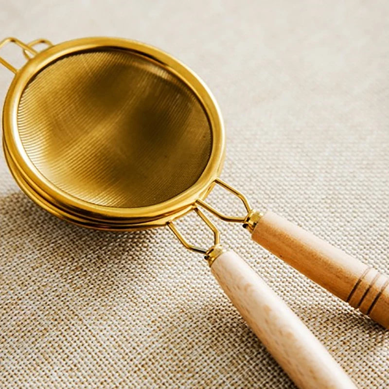 Creative Stainless Steel Tea Drain Reusable Long Wooden Handle Qme