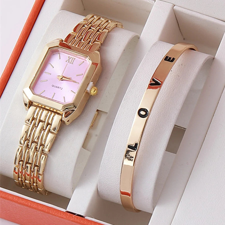 2pcs/set Luxury Women's Quartz Watch with LOVE Bracelet Watch Set Fashion Alloy Band Business Ladies Watches Female Clock Gifts Qme Gold-pink Set