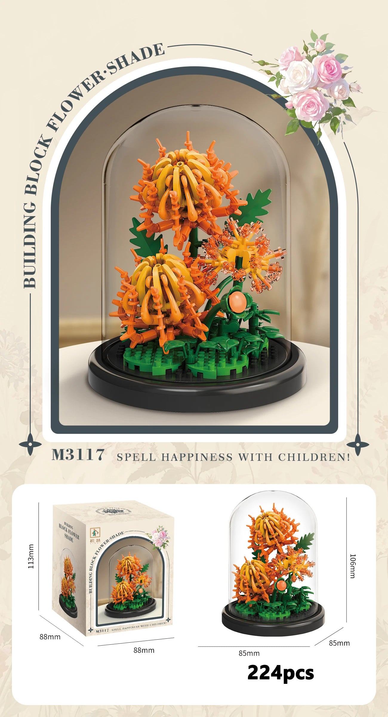 Eternal Flower Bouquet Bonsai Potted Plant Micro Building Blocks Model Home Decoration Puzzle Toys Kids Birthday Christmas Gifts Qme 3117-With Cover