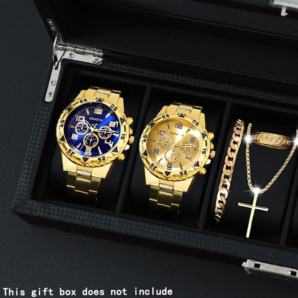 2026 Blue light glass men's watch steel strap quartz watch three eye business casual watch Qme Golden