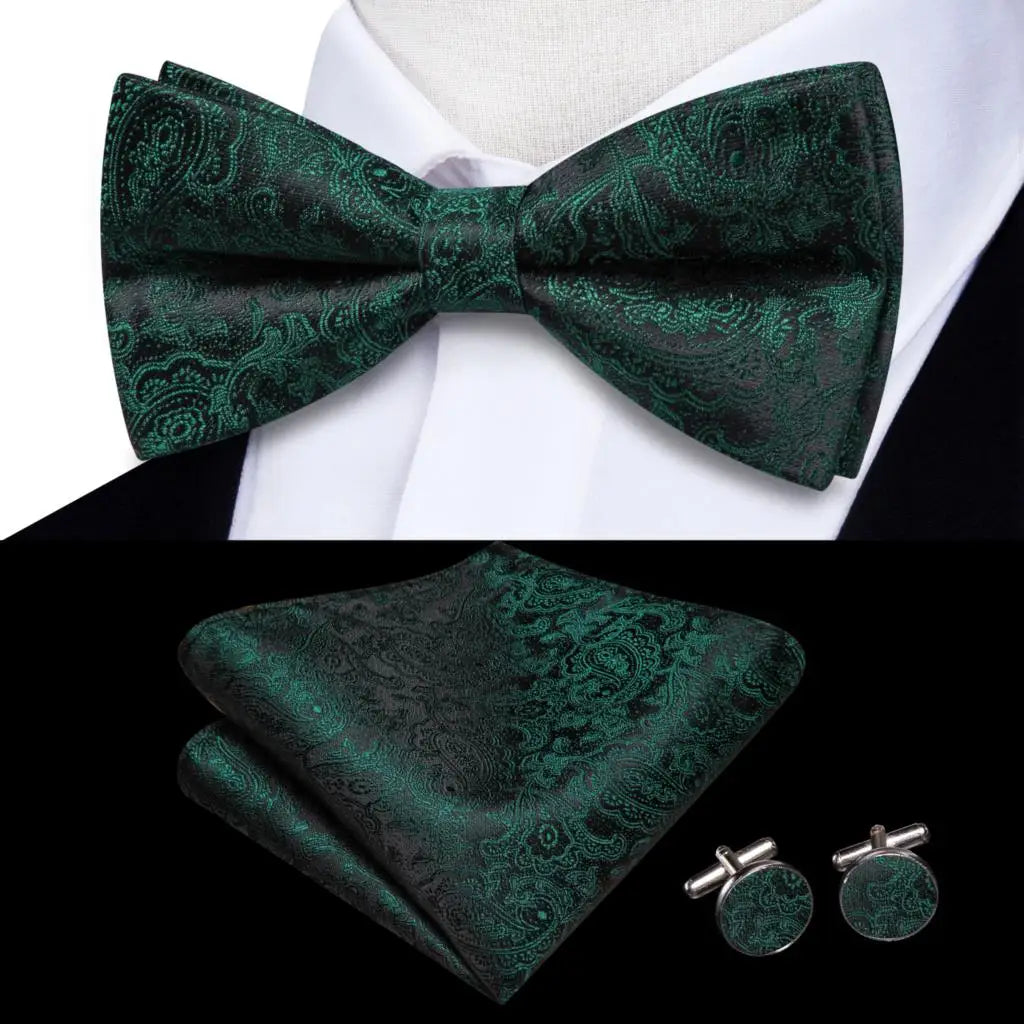Hi-Tie Striped Black Red Mens Bow Tie Hankerchief Cufflink Pre-tied Silk Butterfly Knot Bowtie for Male Business Party Wholesale Qme S1-LH-2574