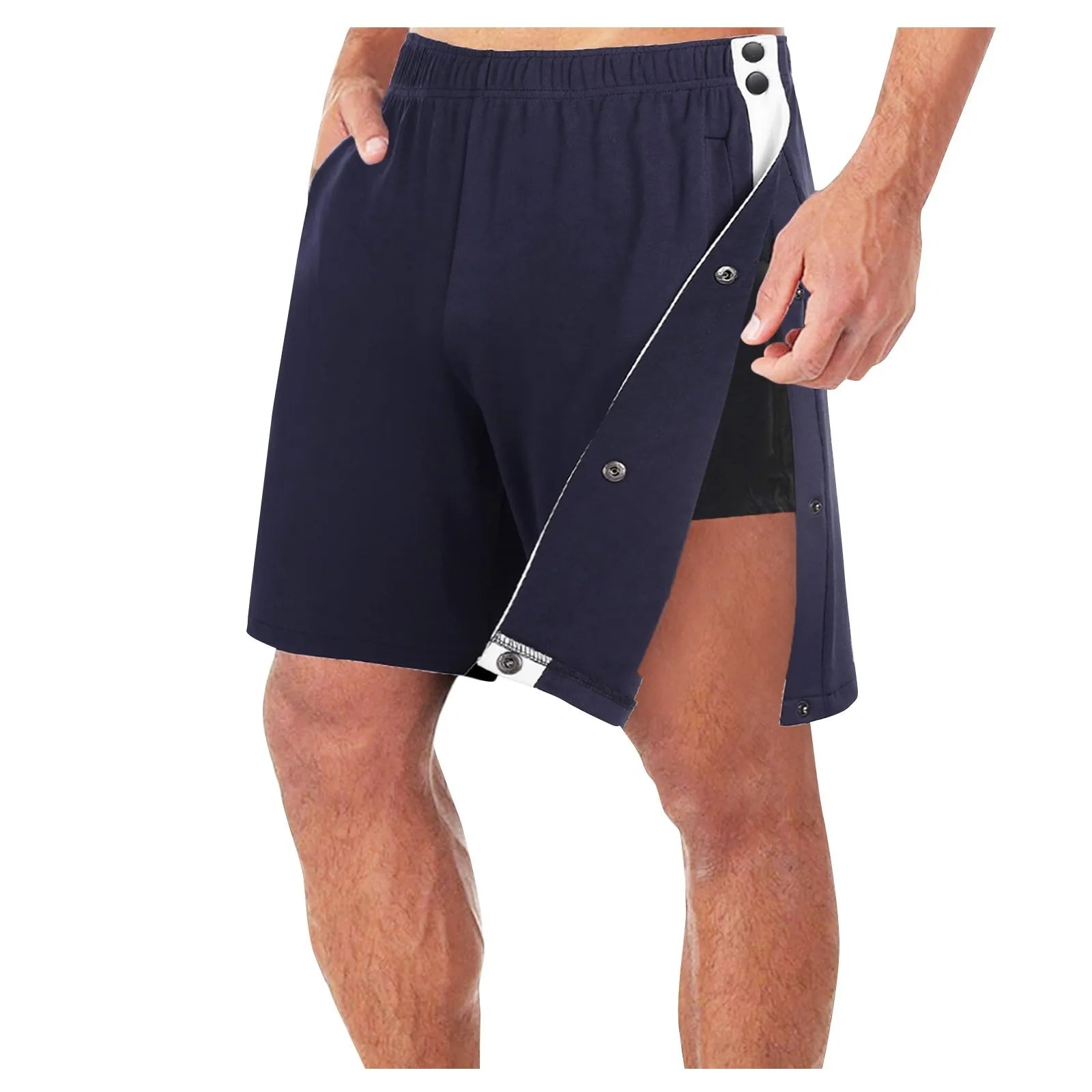 Man Loose Straight Side Buckle Split Elastic Waist Shorts With Pocket New Fashion Trendy Casual Sport Training Five Length Pants Qme Navy M