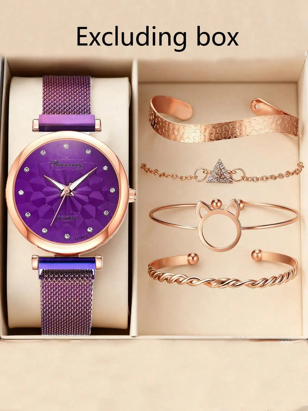 Watch bracelet set Cat's ears (Steamed cat-ear shaped bread) bracelet set magnet buckle mesh band watch set Qme PURPLE