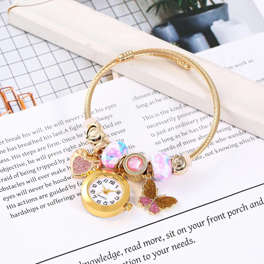Golden Adjustable Opening Alloy Bracelet Quartz Bead Flower Pendant Couple Watch with Gift Box Qme 2