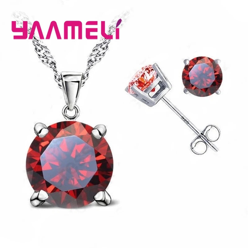 Good Quality 925 Sterling Silver Color Jewelry Sets for Woman Classic Claw Setting Cubic Zirconia Stud Earring Pendant Necklace Qme