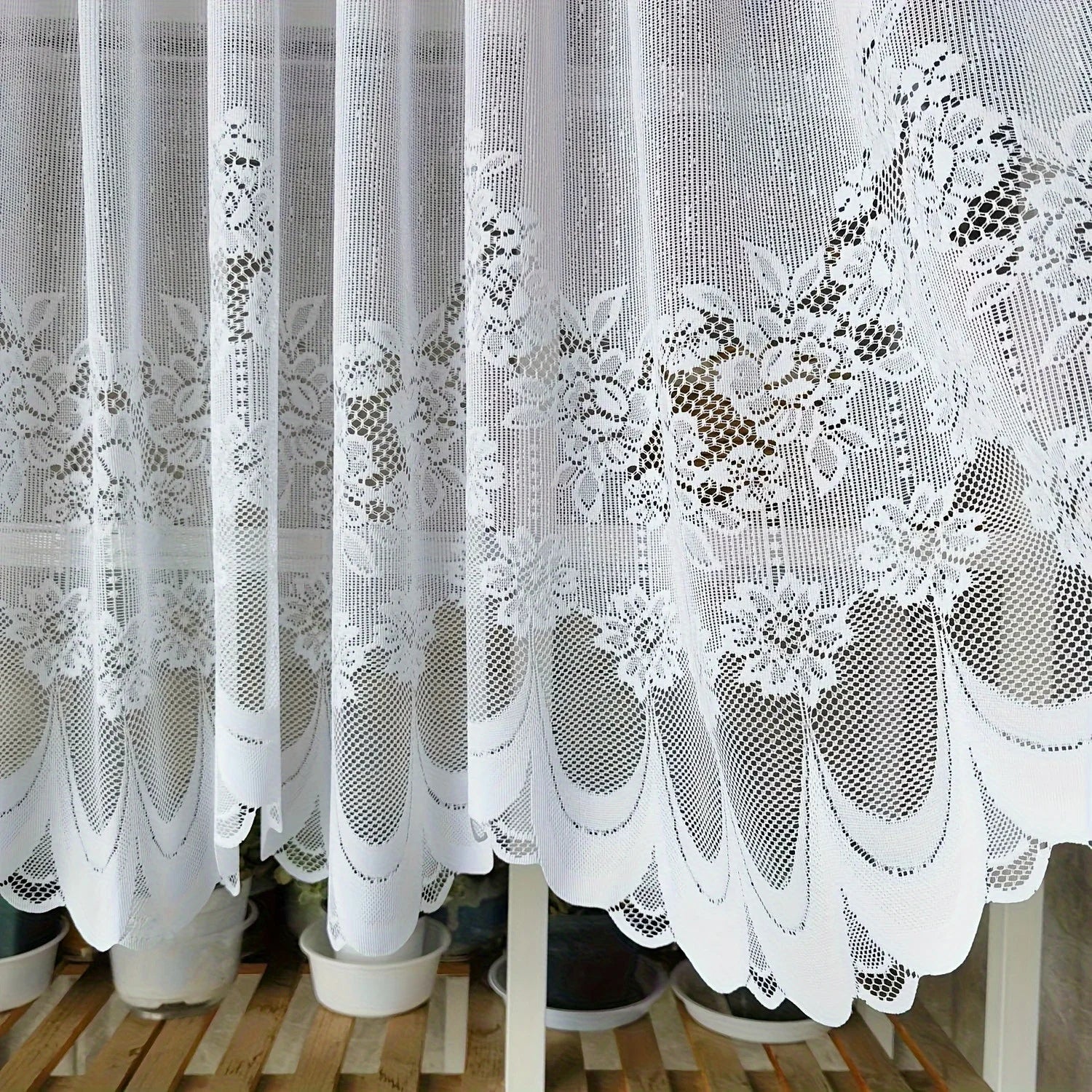White lace chiffon curtains Floral pole pocket curtains with ruffles, semi-transparent and light-blocking, suitable for kitchens Qme W59 H24in (150 60cm)