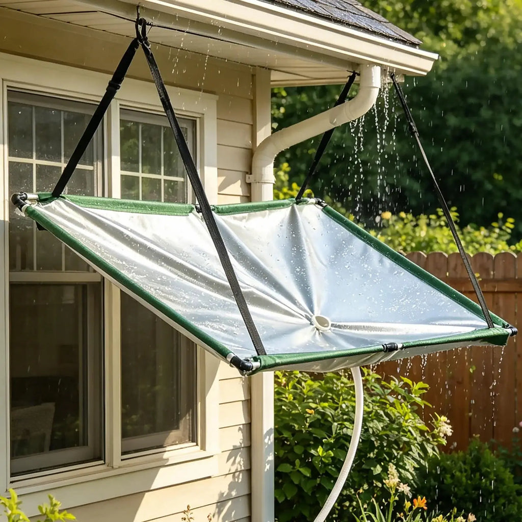 Outdoor rainwater harvester, water guide, rainwater collection device, hanging rainwater collection cover with 1m water hose Qme