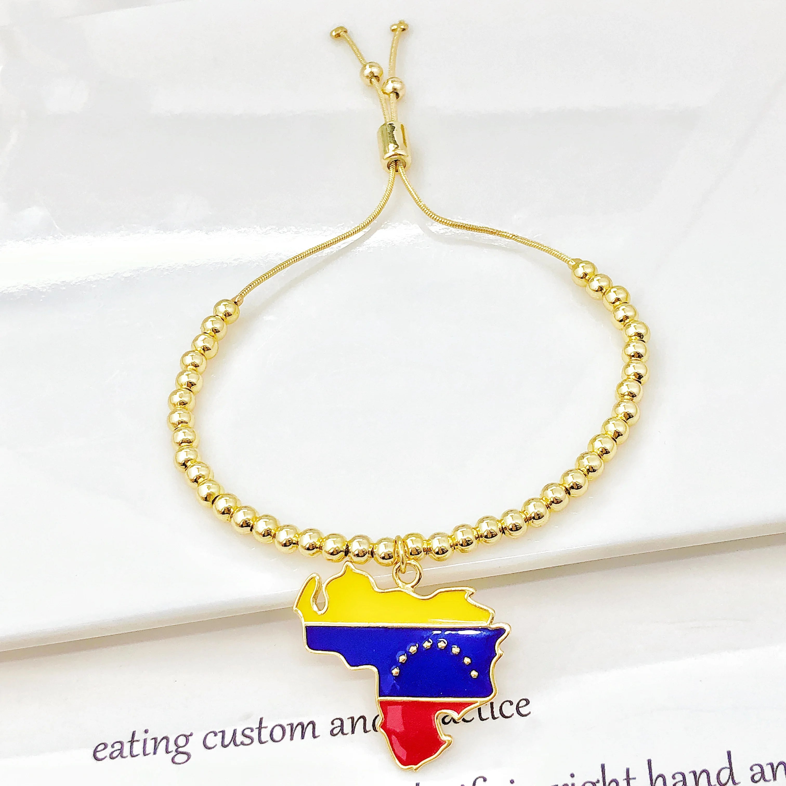 Adjustable Gold Plated Beaded Zircon Bracelet Enamel Colombia Venezuela Flag Map Men Women Charm Bracelet for Party Jewelry Gift Qme 1