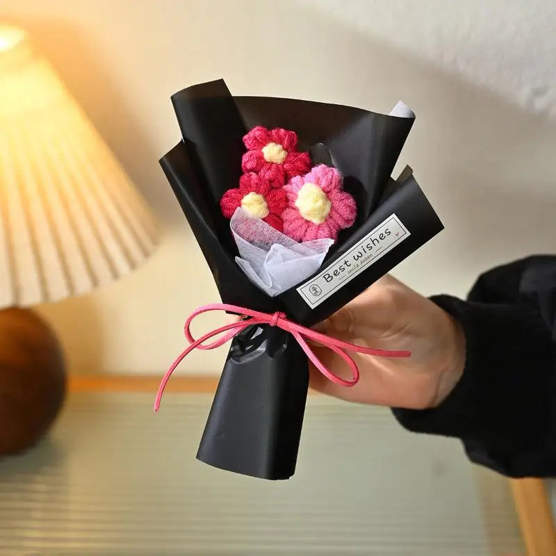 Mini Handmade Yarn Flower Bouquet Crochet Heart Valentine's Day