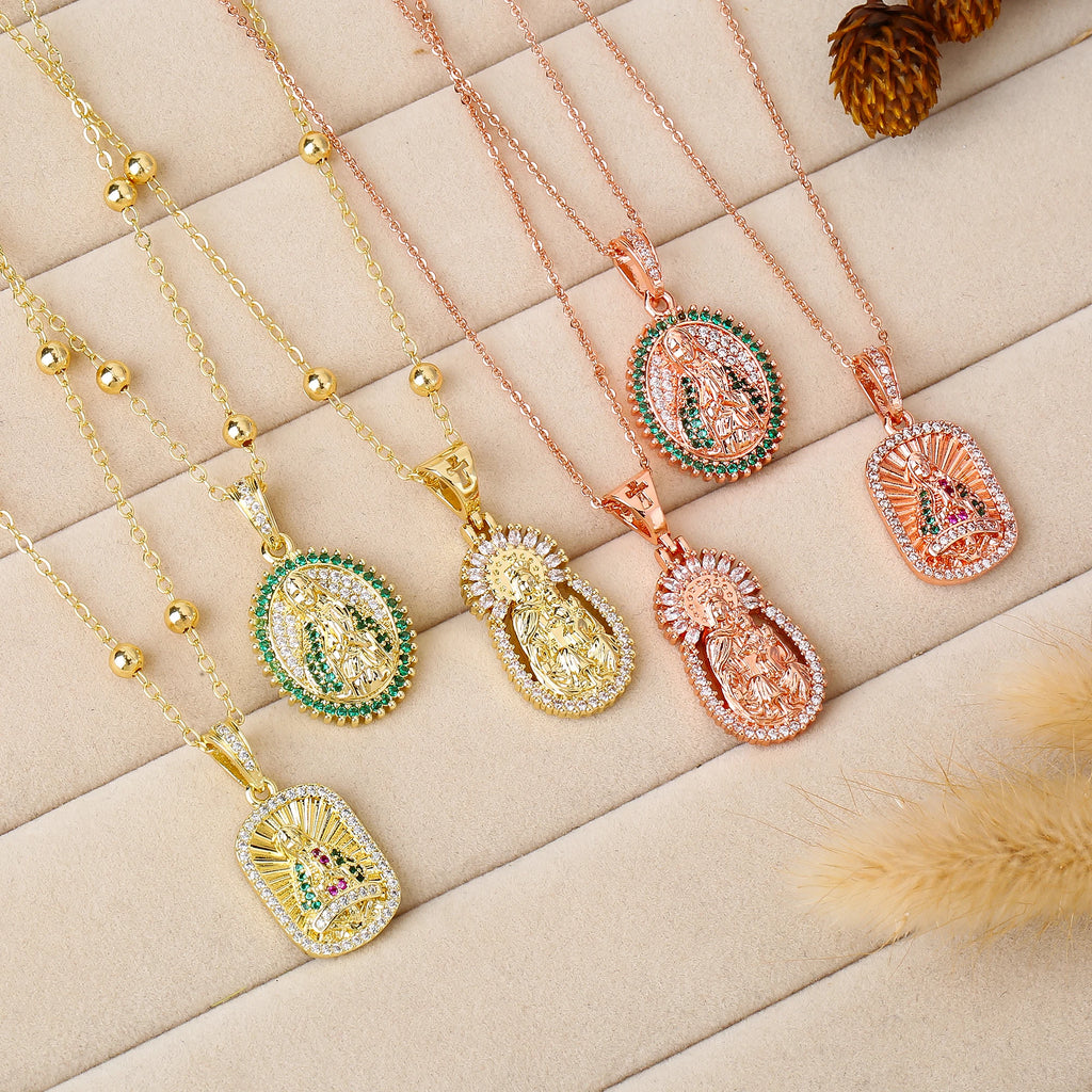 Multicolor Zirconia Oval Rectangle Virgen De Guadalupe Pendant Necklace Catholic Amulet Jewelry For Women Daily Baptism Gift Qme
