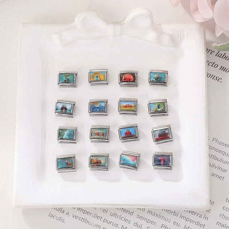 Spring Scenery Rape Flower Red Vintage Car Tree House Charms Italian Links Fit 9mm Bracelet Stainless Steel DIY Making Jewelry Qme