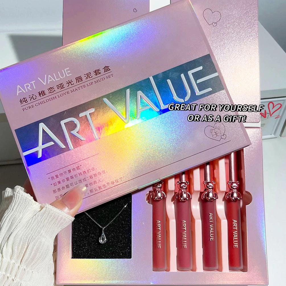 ART VALUE Matte Liquid Lipstick Sets Moisturizing Sexy Red Lipgloss Makeup Mirror Lip Glaze Cosmetics For Women With Necklace Qme