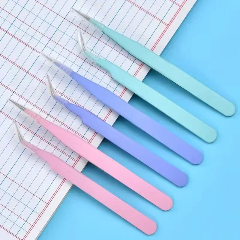 Stainless Steel Colored Straight Curved Tweezers Nail Art Sticker Qme