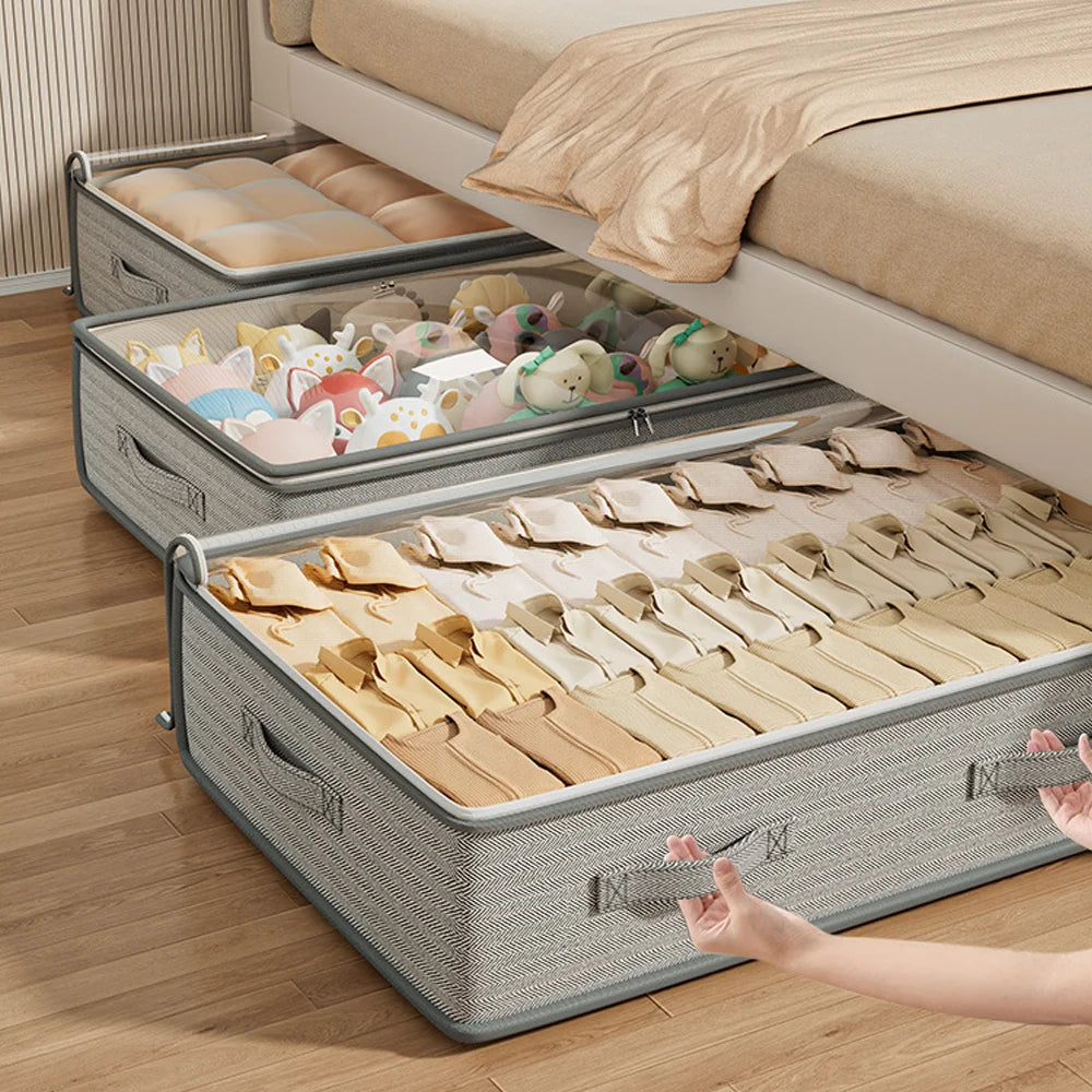 Flat Under-Bed Storage Box, Drawer Style Low Profile Organizer for Seasonal Quilts & Clothes, Space Saving Home Container Qme
