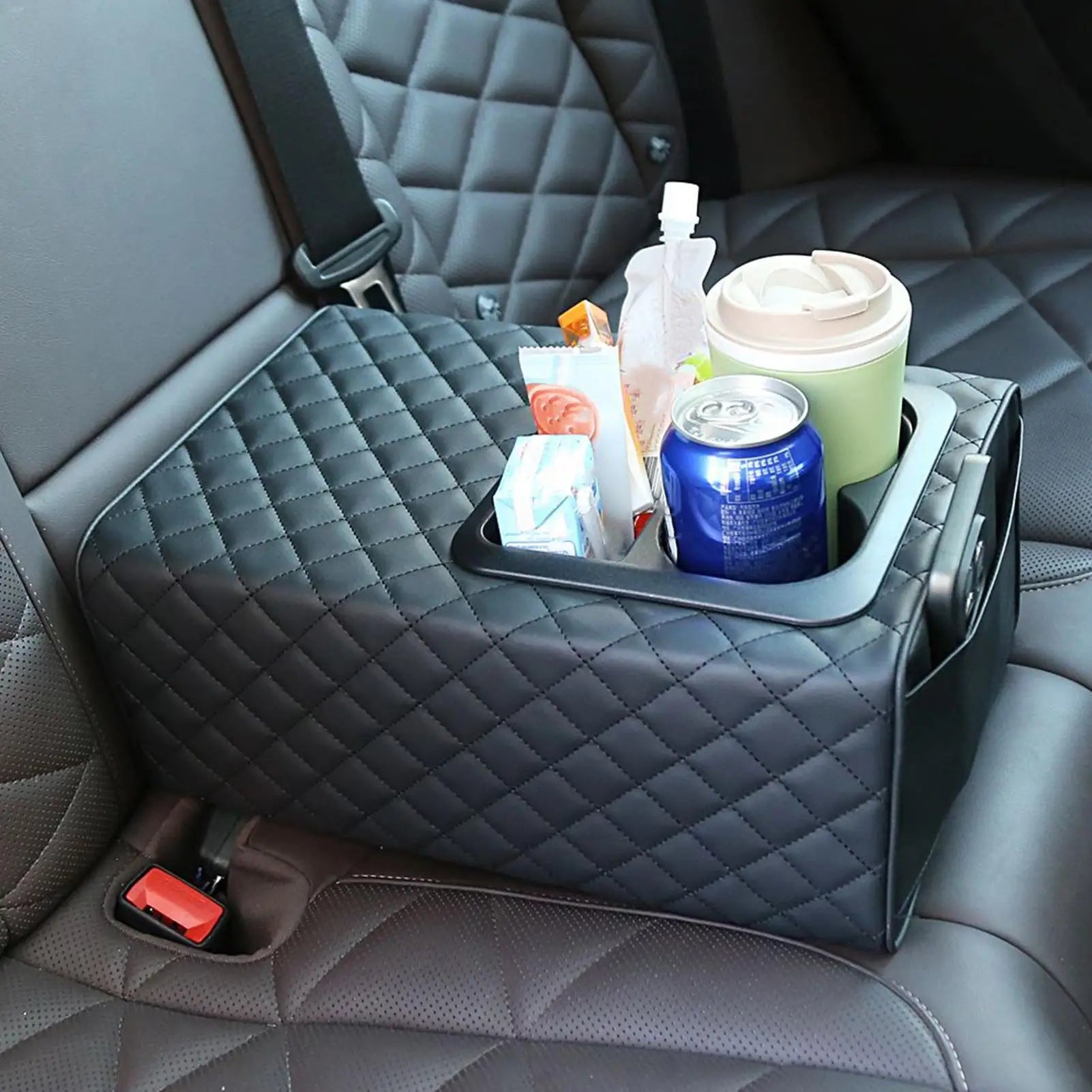Car Armrest Box Cushion, Auto Center Console Armrest Cushion With 2 Cup Holder PU Leather Armrest Pad Portable Car Amrest Qme